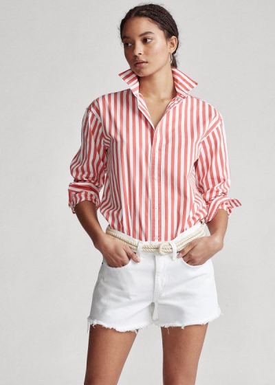 Camisa Polo Ralph Lauren Mujer Coral / Blancos - Striped Cotton - TSCGI5620